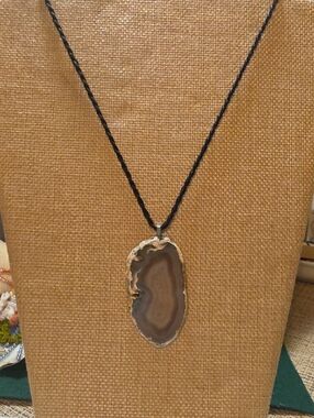 Brown Agate Slice Pendant Necklace on Black Cord